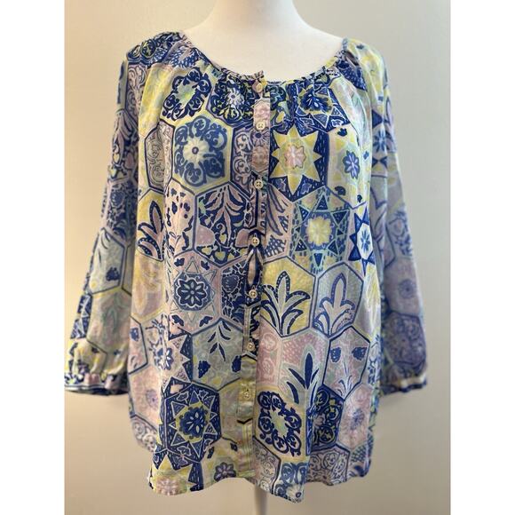 Talbots Coastal Colorful Peasant Blouse Blue Floral Patchwork 3/4 Sleeve SZ LP - Picture 1 of 6
